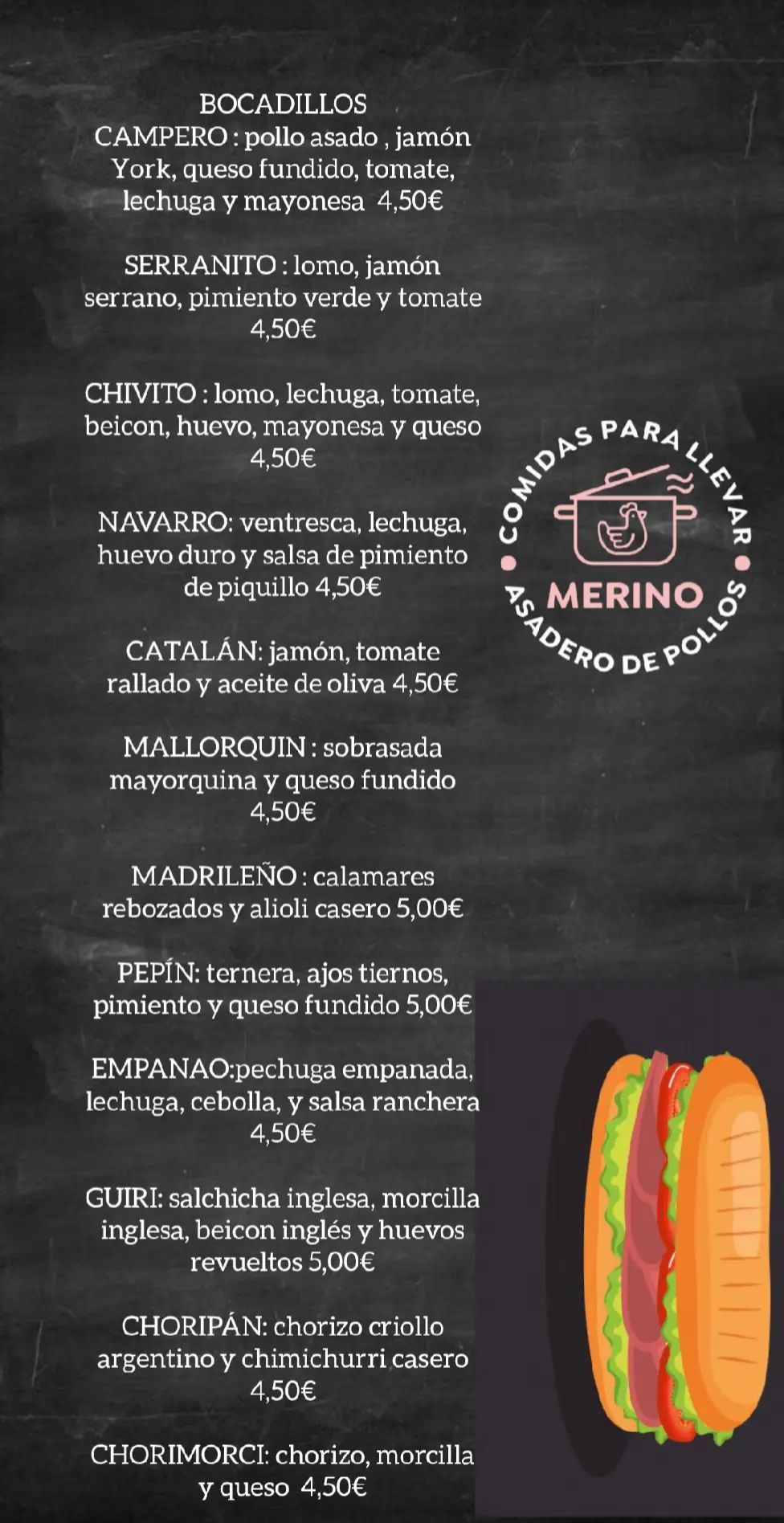 Carta de Comidas para llevar - Asadero Merino en Totana