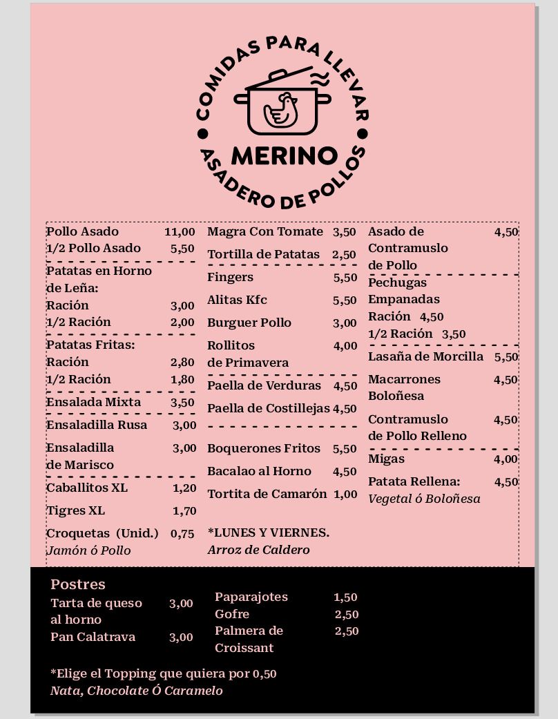 Carta de Comidas para llevar - Asadero Merino en Totana