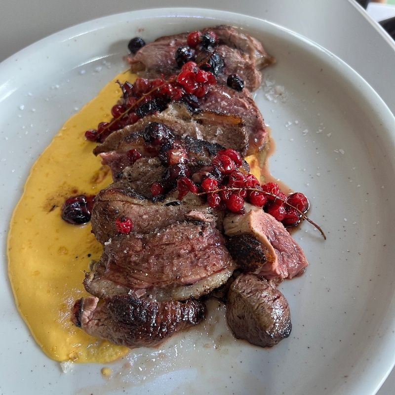 Foto de Magret de pato con crema de calabaza y queso azul coronado de frutos rojos al martini
