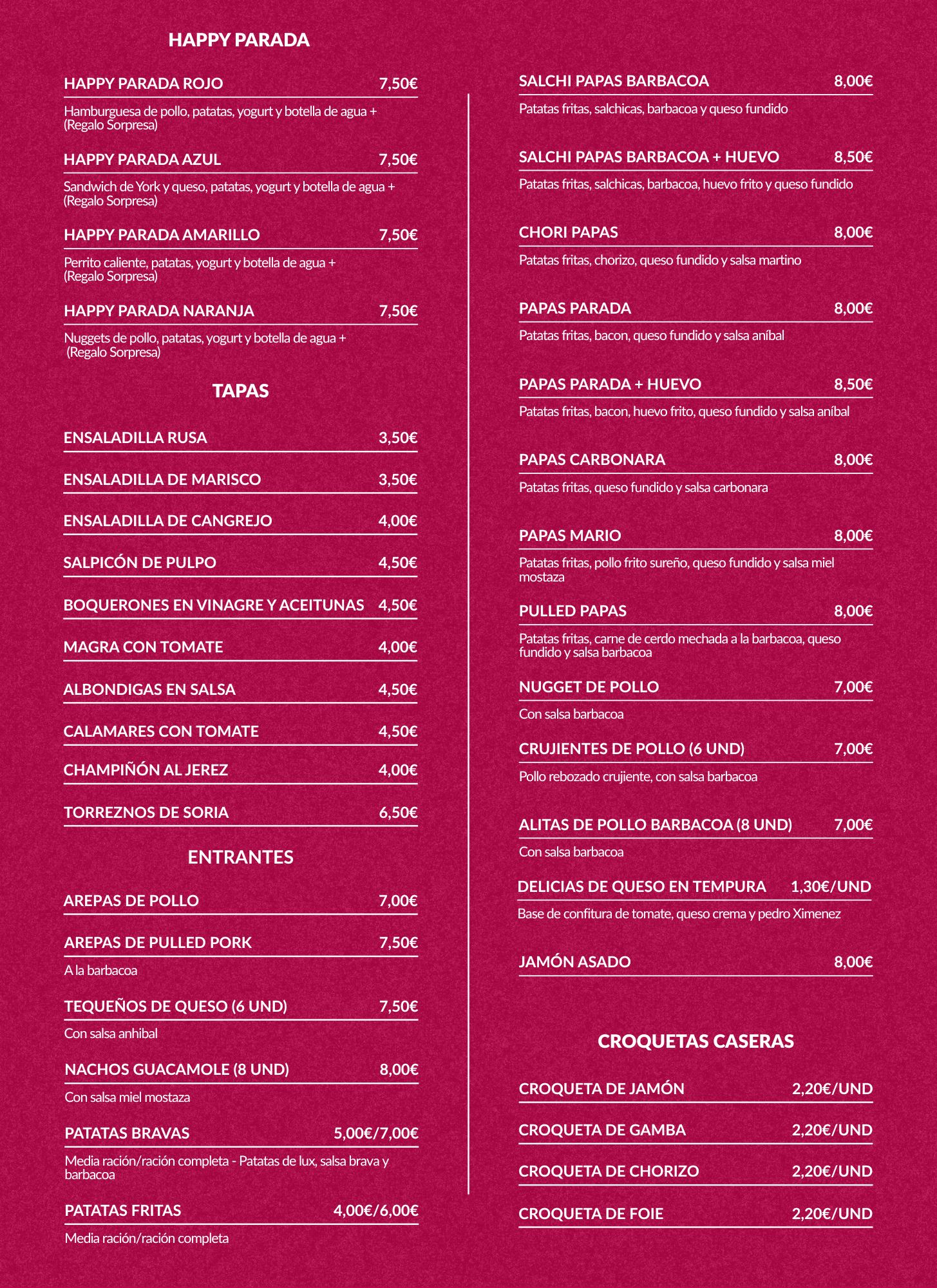 Carta de Café-Bar Gran Parada