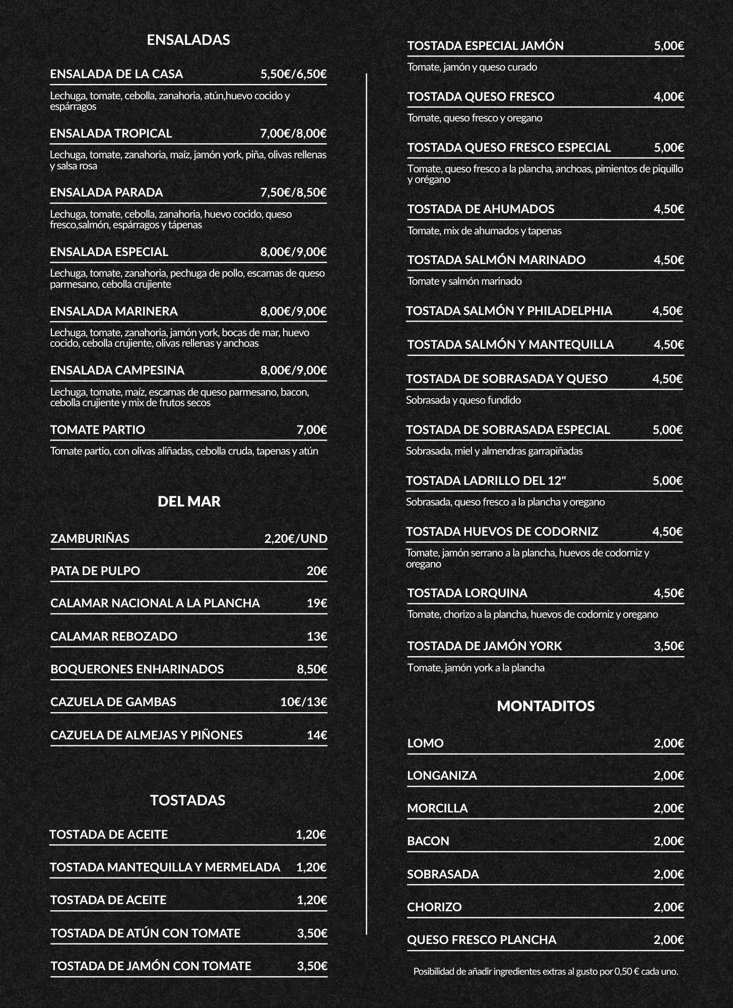 Carta de Café-Bar Gran Parada