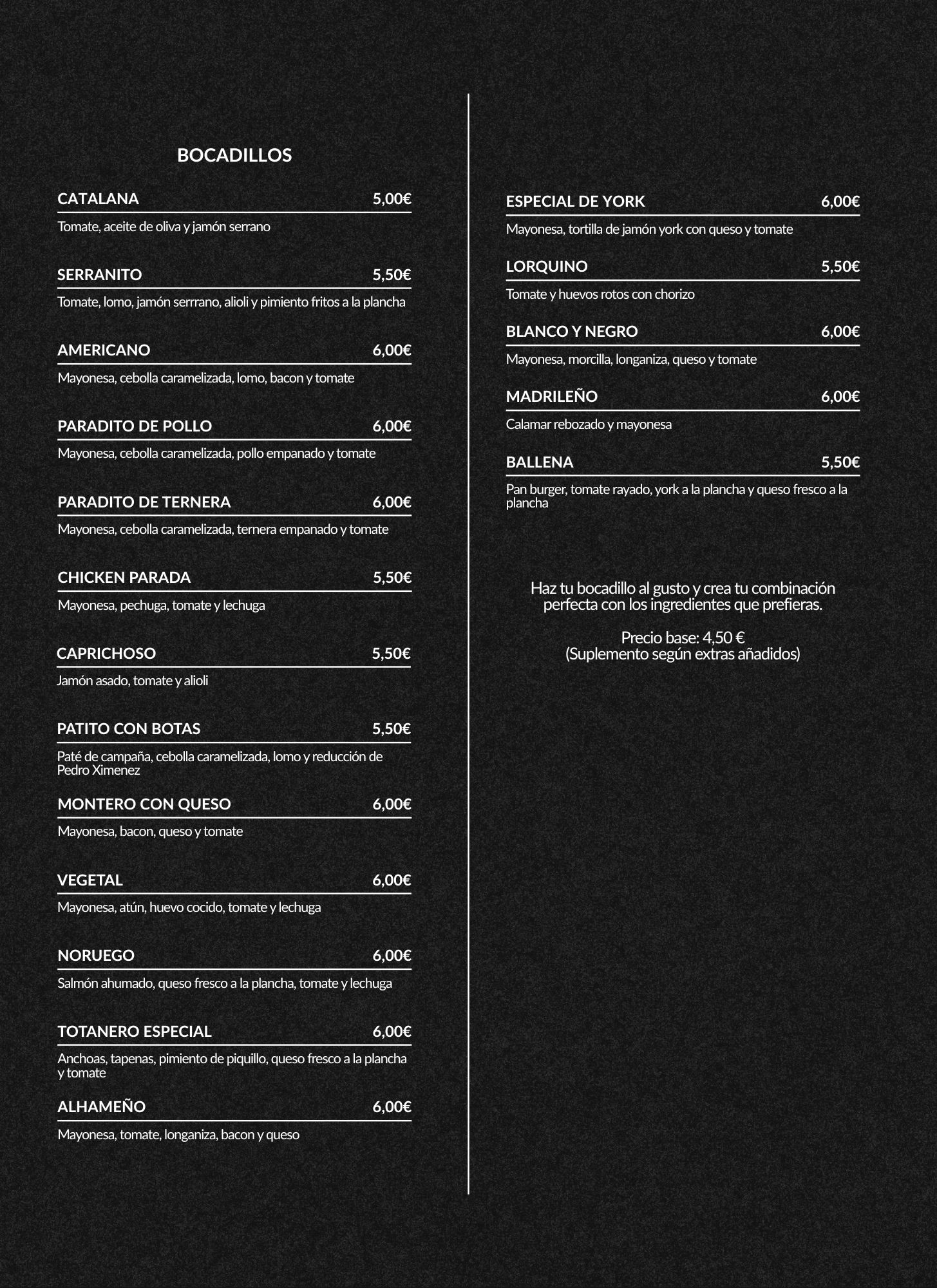 Carta de Café-Bar Gran Parada