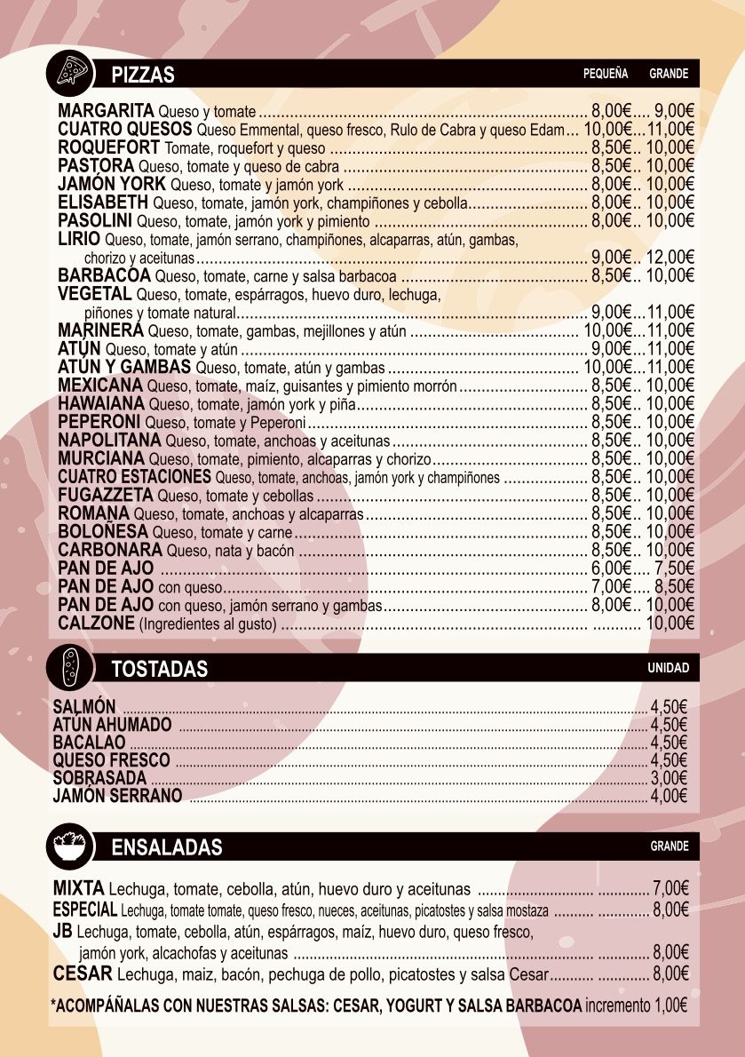 Carta de Pizzería - Burger J&B