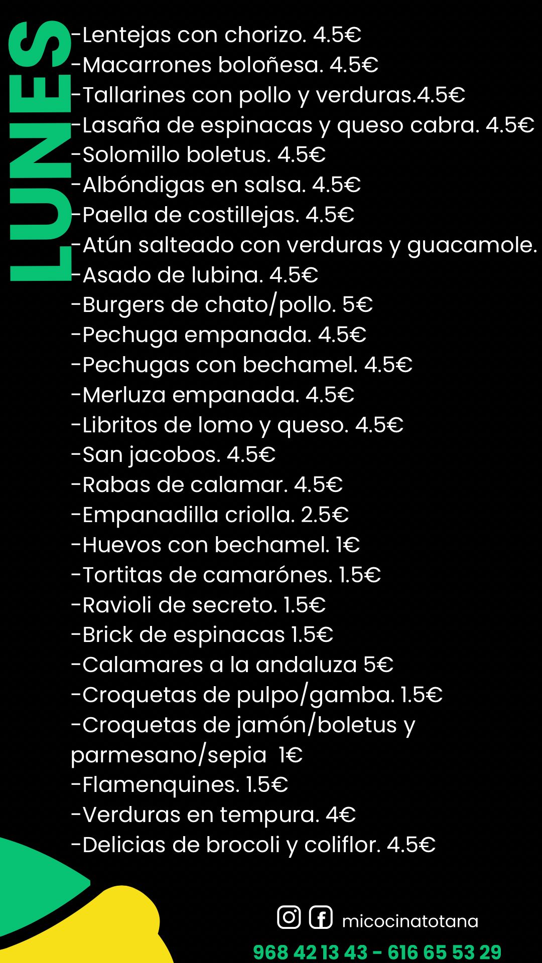 Menu diario de Mi Cocina en Totana