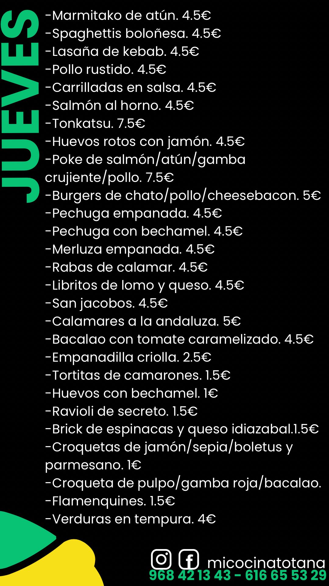 Menu diario de Mi Cocina en Totana