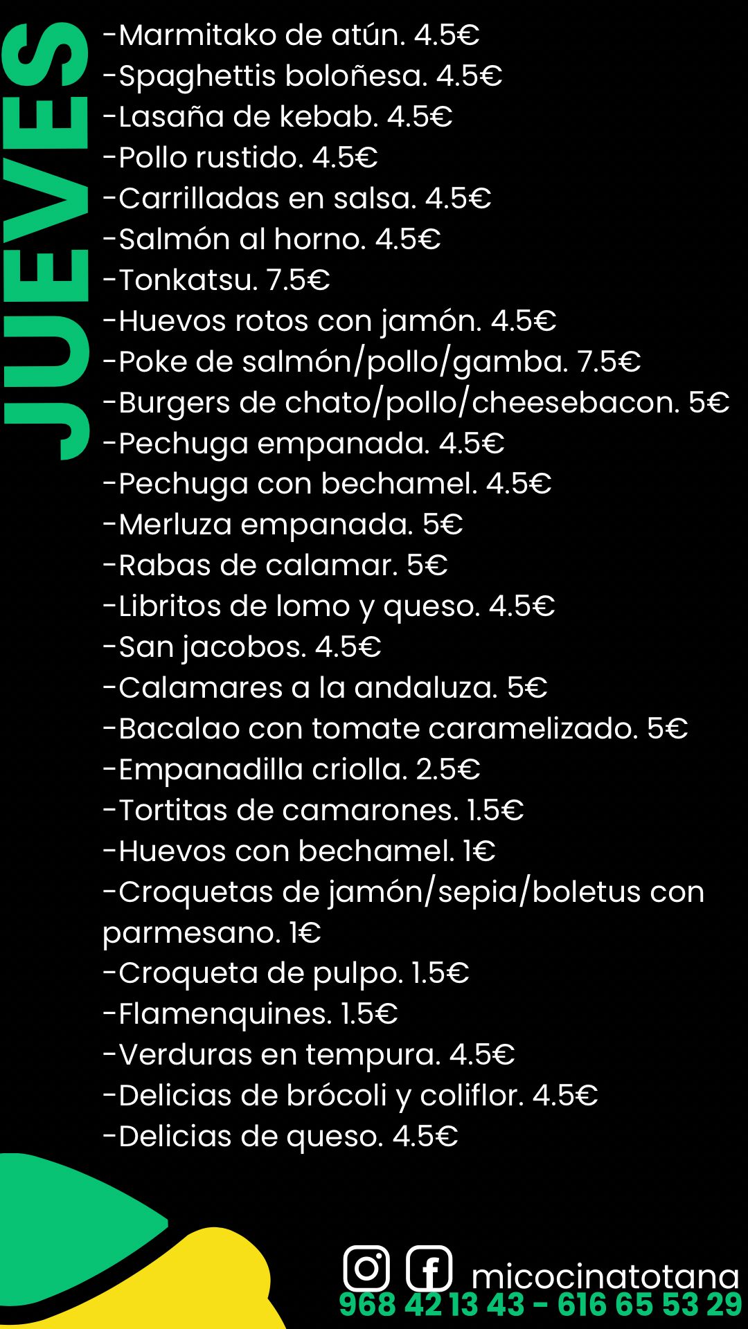 Menu diario de Mi Cocina en Totana