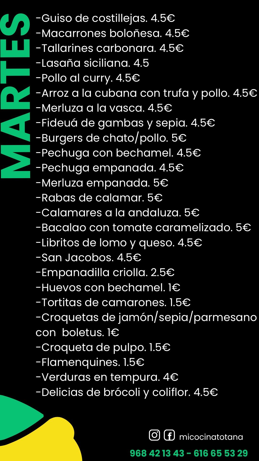 Menu diario de Mi Cocina en Totana