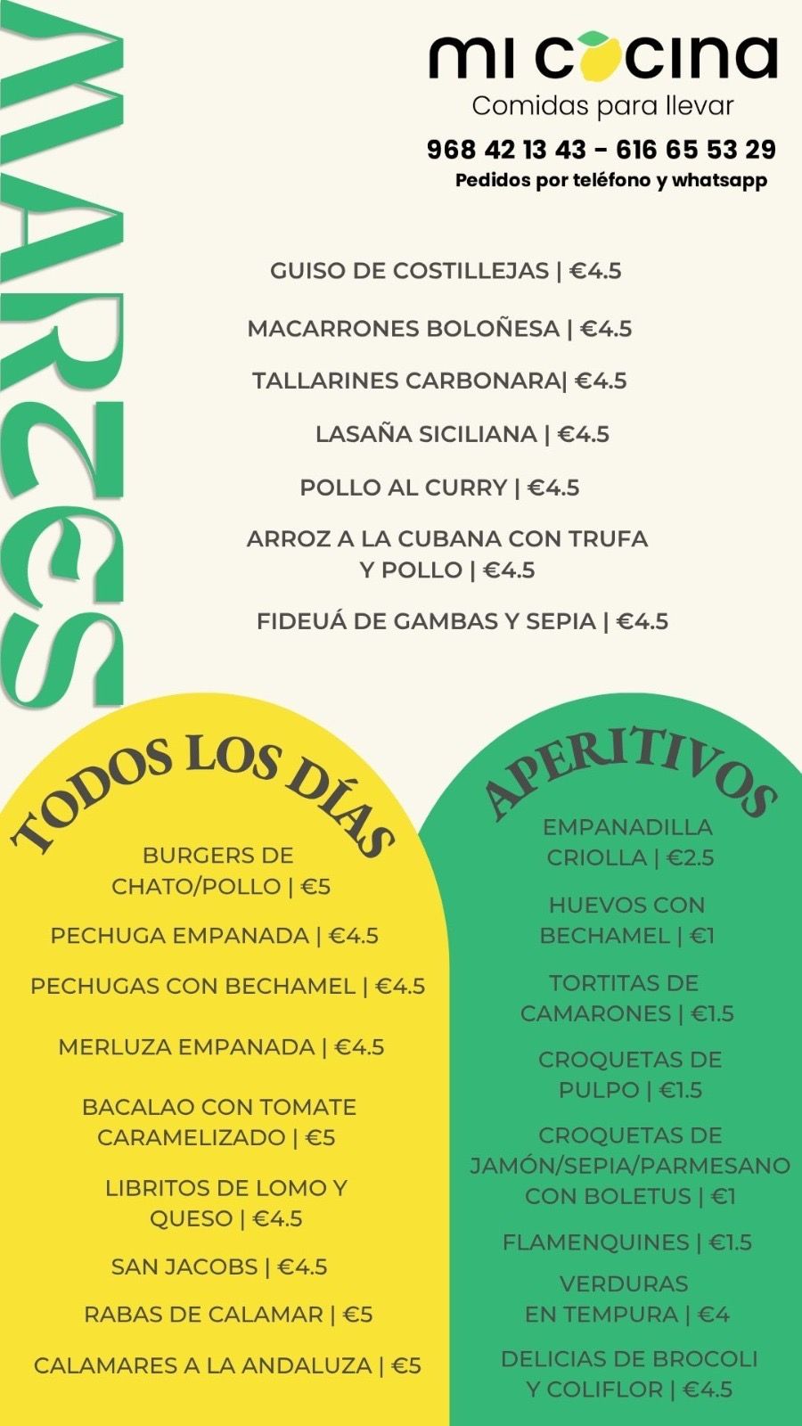 Menú del día de Mi Cocina en Totana