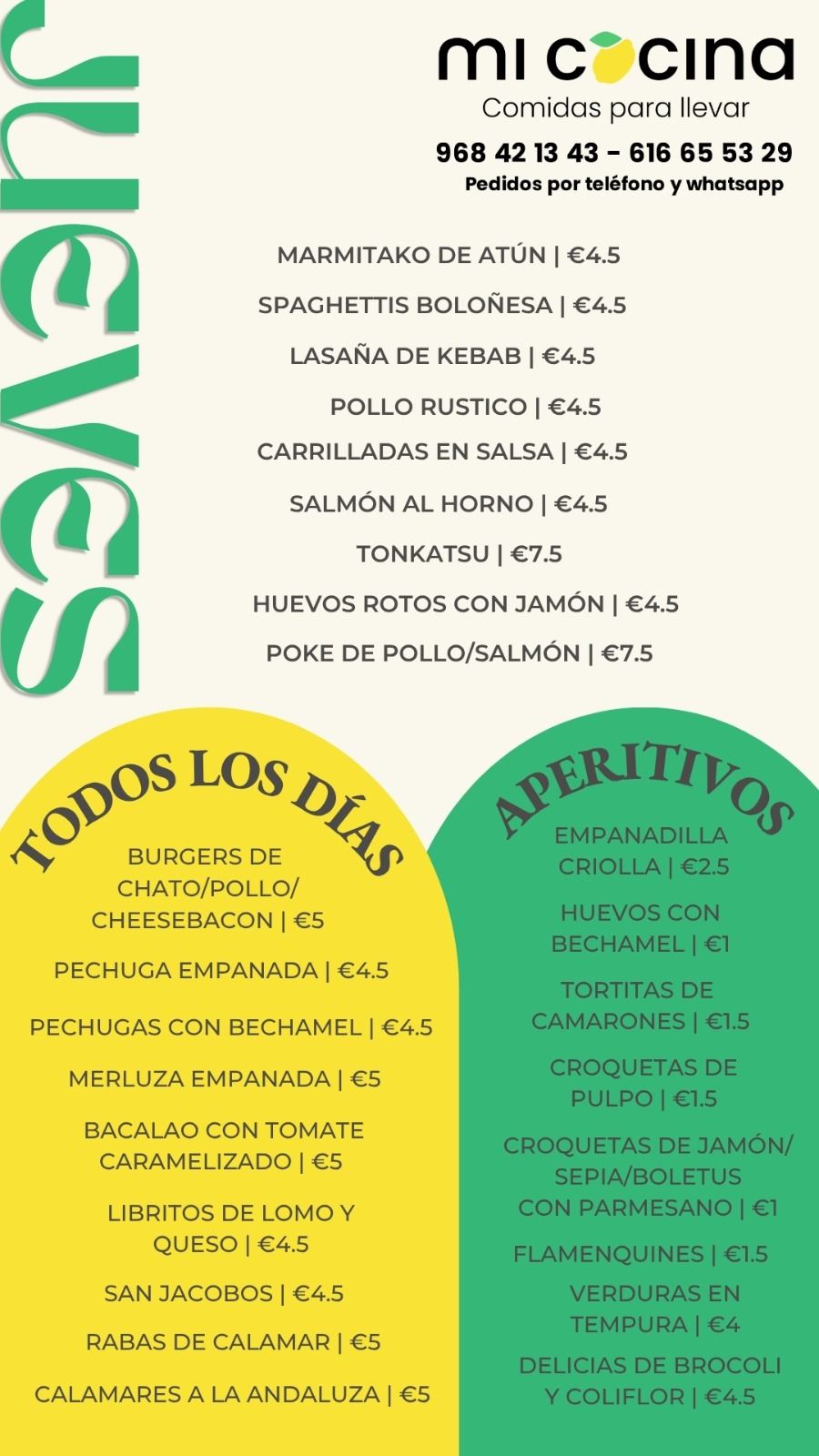 Menú del día de Mi Cocina en Totana