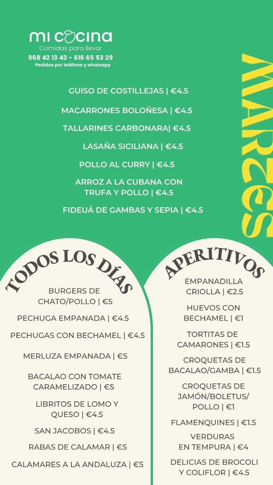 Menú del día de Mi Cocina en Totana