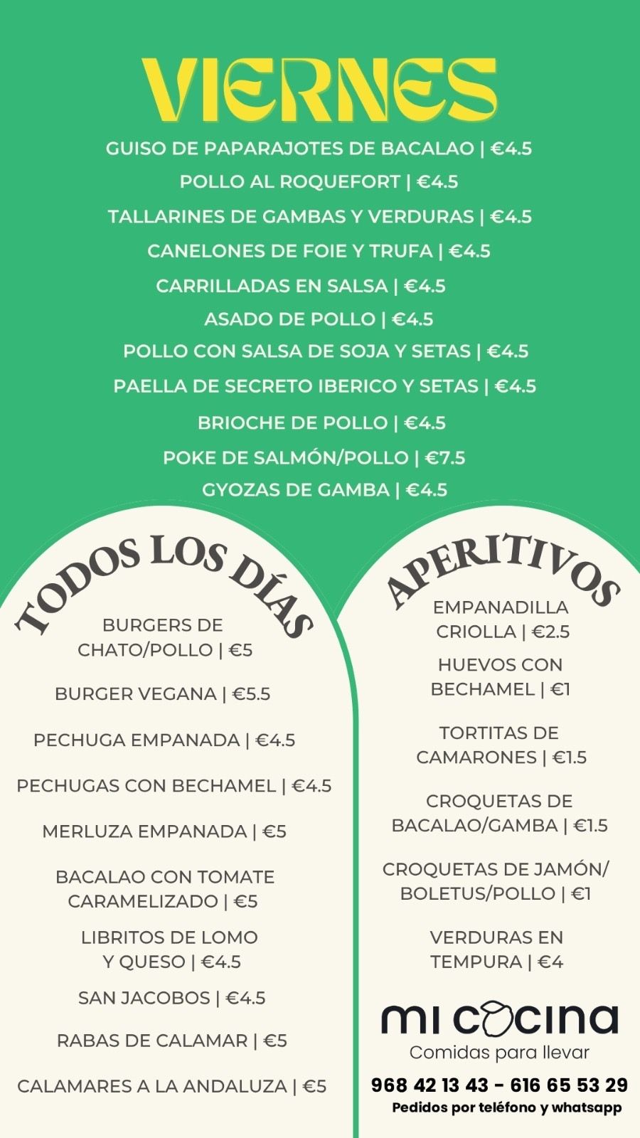 Menú del día de Mi Cocina en Totana