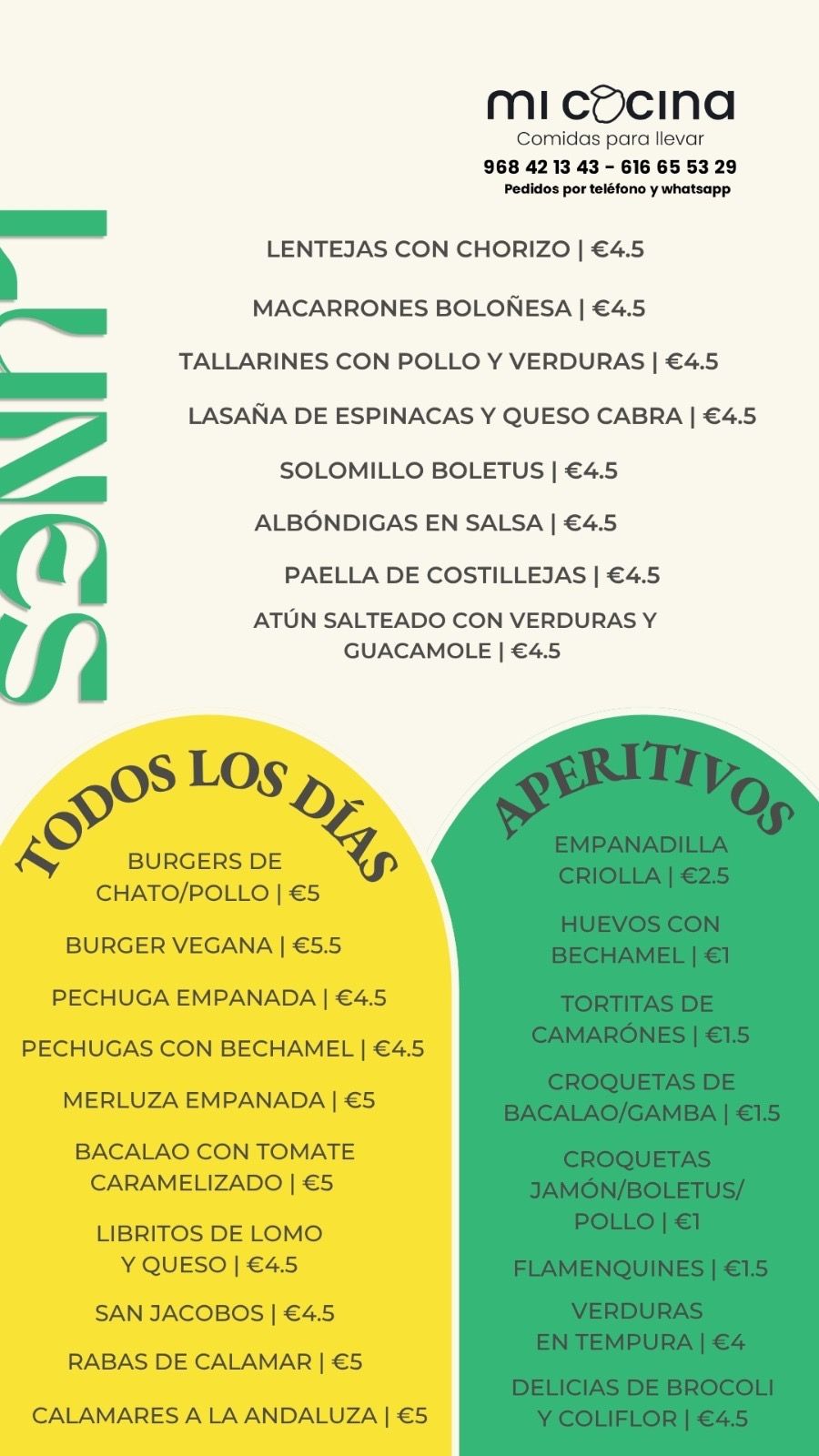 Menú del día de Mi Cocina en Totana